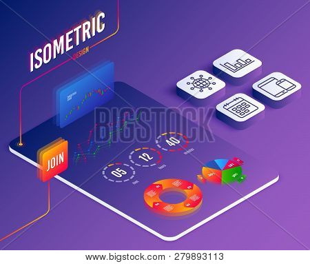Isometric Vector. Set Of International Globe, Histogram And Mobile Devices Icons. Calendar Sign. Wor