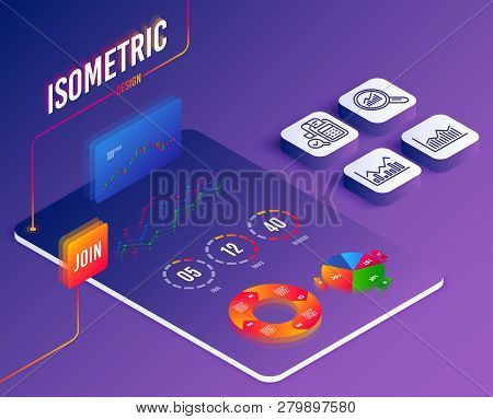 Isometric Vector. Set Of Data Analysis, Bill Accounting And Money Diagram Icons. Infochart Sign. Mag