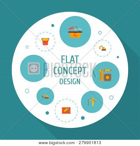 Set Of Construction Icons Flat Style Symbols With Power Socket, Crane Tower, Demolition Crane And Ot