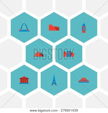 Set Of Famous Icons Flat Style Symbols With Academy, Giza, Eiffel Tower And Other Icons For Your Web