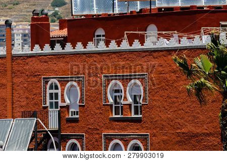 Almunecar, Spain - June 8, 2018 View Of The Tourist Town Of Almunecar On The Costa Tropical In Spain