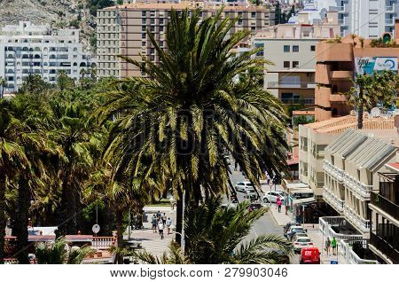 Almunecar, Spain - June 8, 2018 View Of The Tourist Town Of Almunecar On The Costa Tropical In Spain