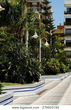 Almunecar, Spain - June 8, 2018 View Of The Tourist Town Of Almunecar On The Costa Tropical In Spain