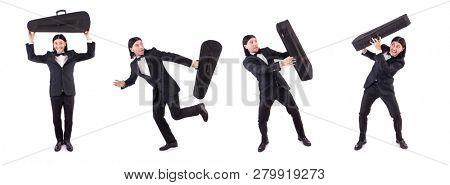 Man with violin case isolated on white