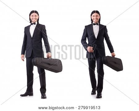 Man with violin case isolated on white