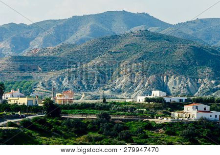 Antas, Spain - January 18, 2019 Top View Of The Roofs Of Buildings In A Small Town In Andalusia, Typ