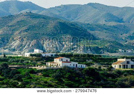 Antas, Spain - January 18, 2019 Top View Of The Roofs Of Buildings In A Small Town In Andalusia, Typ