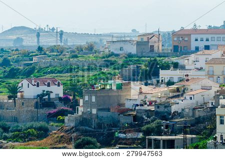 Antas, Spain - January 18, 2019 Top View Of The Roofs Of Buildings In A Small Town In Andalusia, Typ