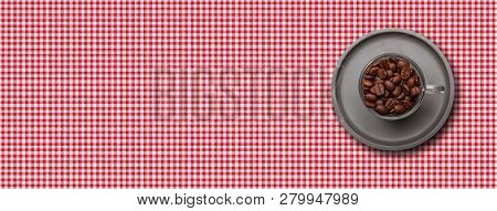 Coffee Cup And Beans On Red White Checkered Tablecloth, Banner