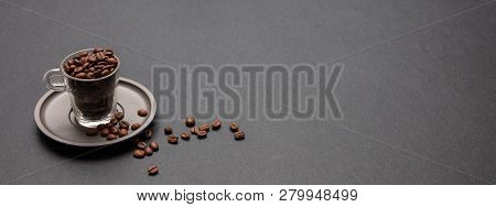 Coffee Cup And Beans On Black Background, Banner