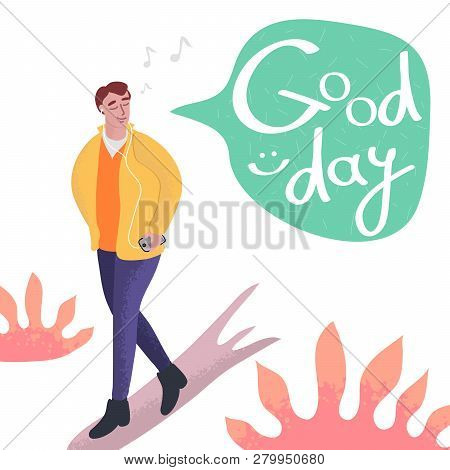 Young Attractive Man Walking And Listens To Music In Headphones From A Smartphone Vector Art Illustr