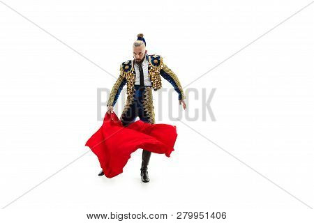 Torero In Blue And Gold Suit Or Typical Spanish Bullfighter Isolated Over White Studio Background. T