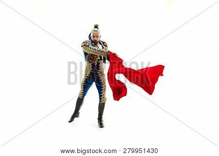Torero In Blue And Gold Suit Or Typical Spanish Bullfighter Isolated Over White Studio Background. T