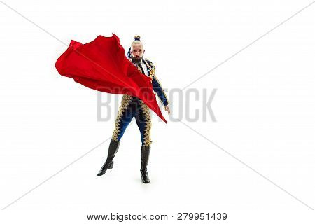 Torero In Blue And Gold Suit Or Typical Spanish Bullfighter Isolated Over White Studio Background. T