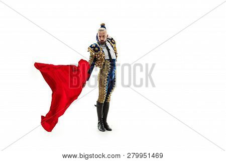 Torero In Blue And Gold Suit Or Typical Spanish Bullfighter Isolated Over White Studio Background. T