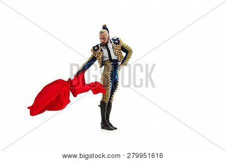 Torero In Blue And Gold Suit Or Typical Spanish Bullfighter Isolated Over White Studio Background. T
