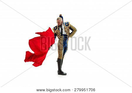 Torero In Blue And Gold Suit Or Typical Spanish Bullfighter Isolated Over White Studio Background. T