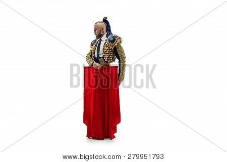 Torero In Blue And Gold Suit Or Typical Spanish Bullfighter Isolated Over White Studio Background. T