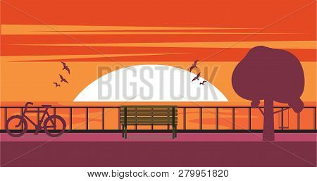 Beautiful Sunset Sea Scenery Glowing Sky Vector Illustration.