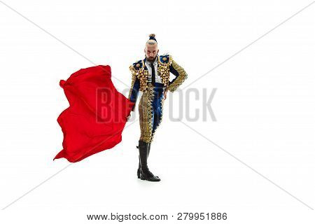 Torero In Blue And Gold Suit Or Typical Spanish Bullfighter Isolated Over White Studio Background. T