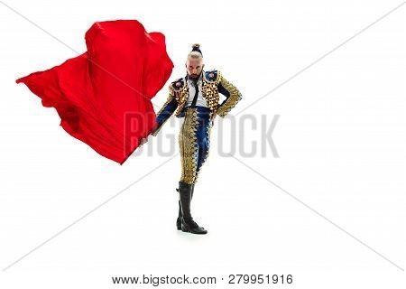 Torero In Blue And Gold Suit Or Typical Spanish Bullfighter Isolated Over White Studio Background. T
