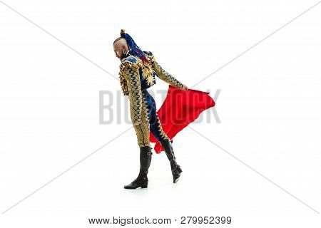 Torero In Blue And Gold Suit Or Typical Spanish Bullfighter Isolated Over White Studio Background. T