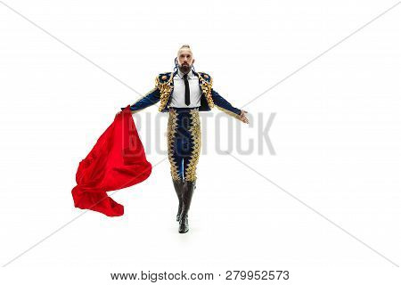 Torero In Blue And Gold Suit Or Typical Spanish Bullfighter Isolated Over White Studio Background. T