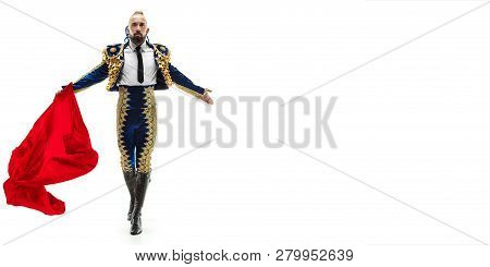 Torero In Blue And Gold Suit Or Typical Spanish Bullfighter Isolated Over White Studio Background. T