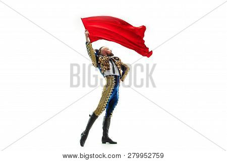 Torero In Blue And Gold Suit Or Typical Spanish Bullfighter Isolated Over White Studio Background. T