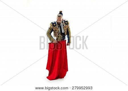 Torero In Blue And Gold Suit Or Typical Spanish Bullfighter Isolated Over White Studio Background. T