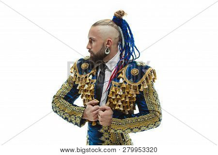 Torero In Blue And Gold Suit Or Typical Spanish Bullfighter Isolated Over White Studio Background. T
