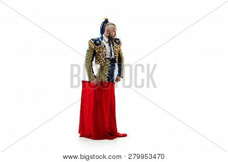 Torero In Blue And Gold Suit Or Typical Spanish Bullfighter Isolated Over White Studio Background. T