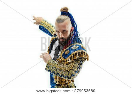 Torero In Blue And Gold Suit Or Typical Spanish Bullfighter Isolated Over White Studio Background. T
