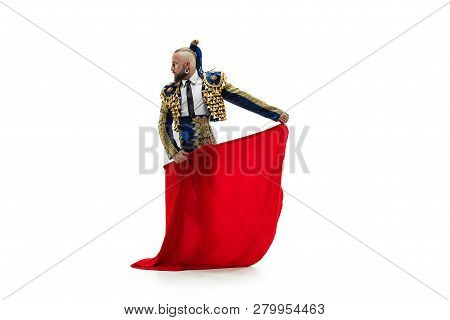 Torero In Blue And Gold Suit Or Typical Spanish Bullfighter Isolated Over White Studio Background. T