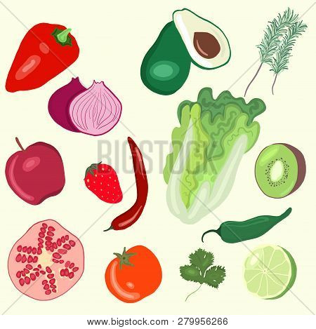 Vector Illustration. Collection Of Fresh Vegetables And Fruits.