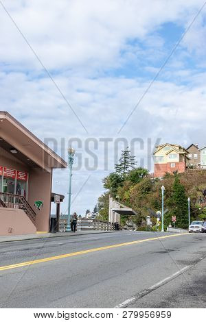 Ketchikan, Alaska  September 30, 2017: Street View In Downtown Ketchikan. House Residences On The Hi