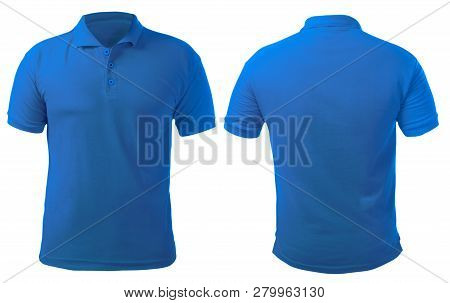 Blank Collared Shirt Mock Up Template, Front And Back View, Isolated On White, Plain Blue T-shirt Mo