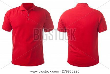 Blank Collared Shirt Mock Up Template, Front And Back View, Isolated On White, Plain Red T-shirt Moc