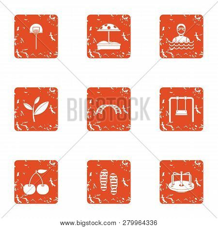 City Playgarden Icons Set. Grunge Set Of 9 City Playgarden Icons For Web Isolated On White Backgroun