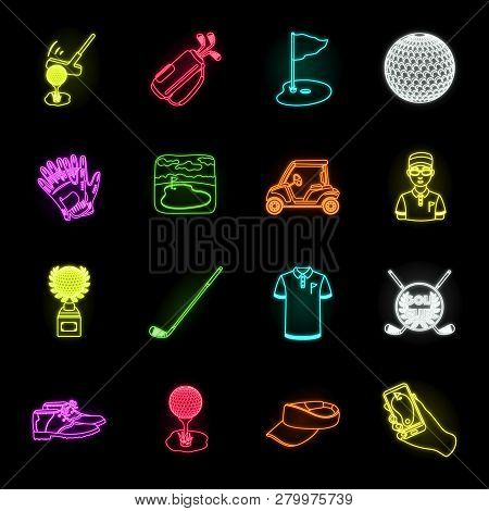 Golf And Attributes Neon Icons In Set Collection For Design.golf Club And Equipment Vector Symbol St