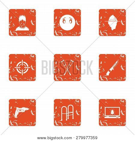 Accident Experiment Icons Set. Grunge Set Of 9 Accident Experiment Icons For Web Isolated On White B