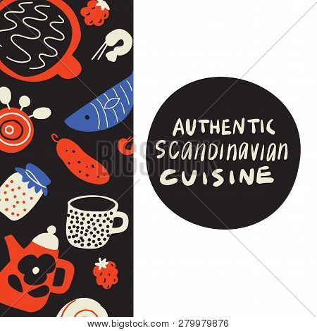 Authentical Scandinavian Cuisine. Menu Template. Hand Drawn Illustration Of Different Scandinavian F