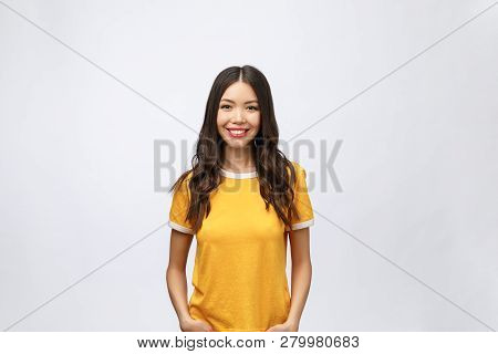 Happy Young Asian Woman With Blank Copy Space Area For Text Or Slogan, Closeup Portrait Of Beautiful