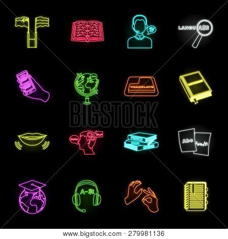 Translator And Linguist Neon Icons In Set Collection For Design. Interpreter Vector Symbol Stock Web