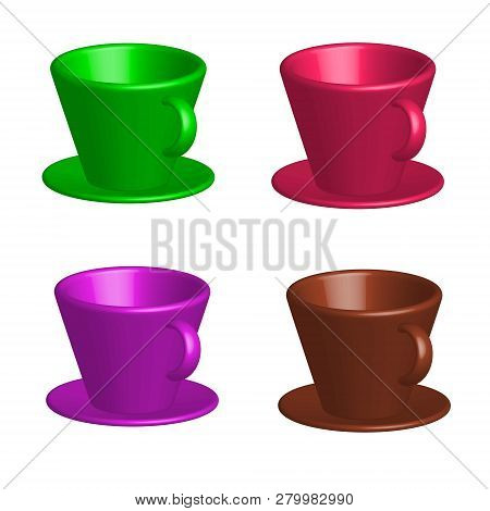 Vector Drawing, Set Of Colored Of Bright Of Colorful Coffee Cups With Saucers On White Background