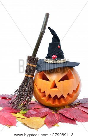 Pumpkin For Halloween Carved In The Shape Of A Smile. Jack Lantern Head Carved  From Pumpkin For Hal