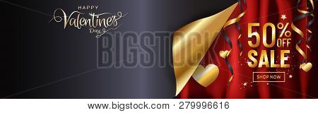 Luxury Valentines Day Sale Background With Gold Shiny Gift Box And Ribbon On Red Fabric Satin, Silk 