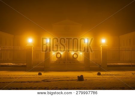 Orange Light In Winter Cold Evening Near Kynzvart Castle In West Bohemia