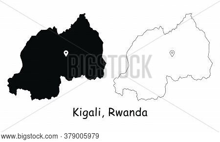 Kigali, Rwanda. Detailed Country Map With Location Pin On Capital City. Black Silhouette And Outline
