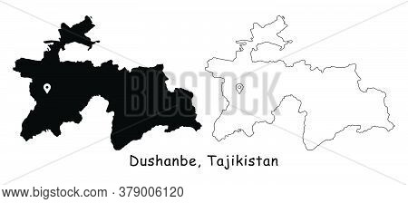 Dushanbe, Tajikistan. Detailed Country Map With Location Pin On Capital City. Black Silhouette And O